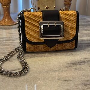 Woven Mustard Crossbody with Black Trim and Silver Buckle